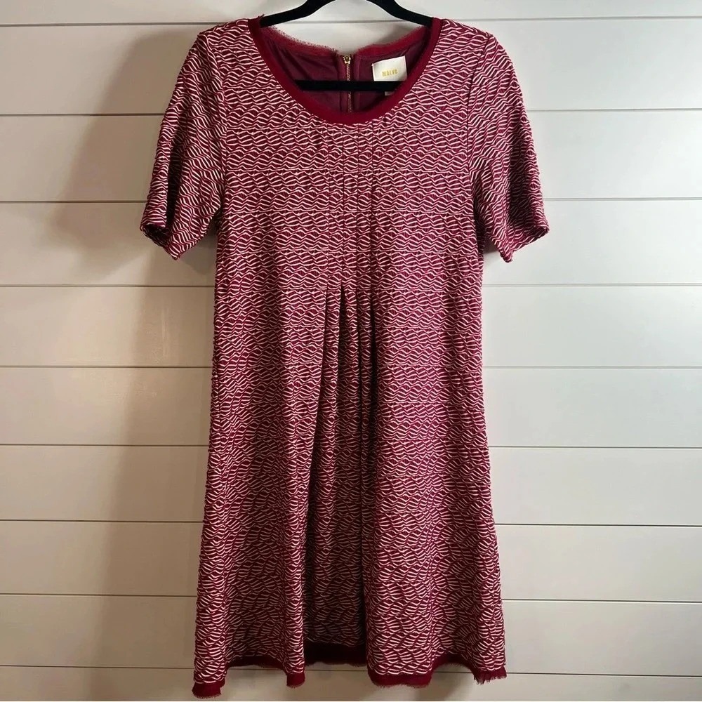 Anthropologie Maeve Burgundy White‎ Short Sleeve A-Line Mini Dress. Size Medium.